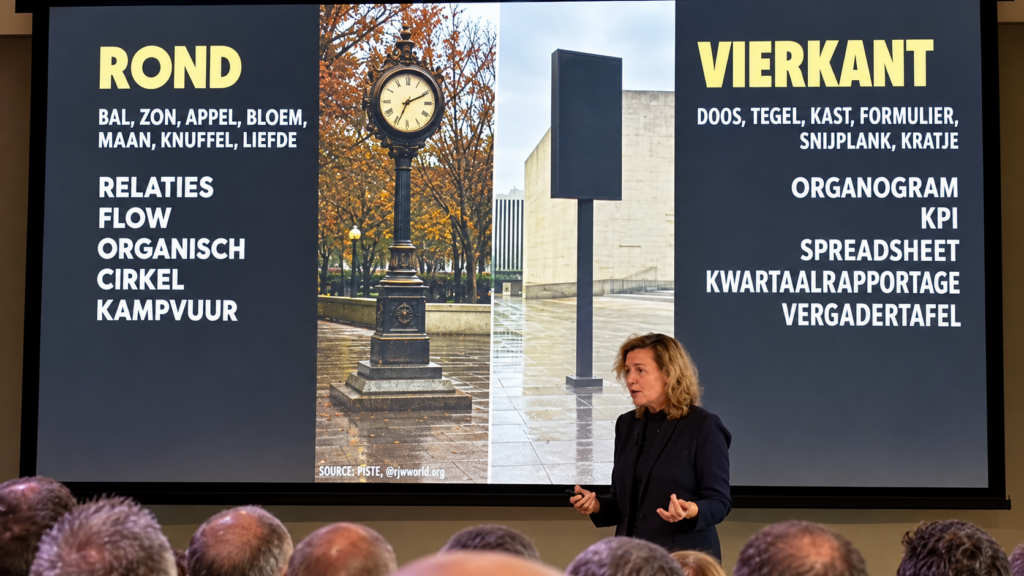 Jitske Kramers presenting in front of a slide with Dutch text conveying "Round versus Square" where Round like relationships, flow, organic, camp fire talks. And square is org charts, KPI, spreadsheet, quartlery reports, meeting rooms.